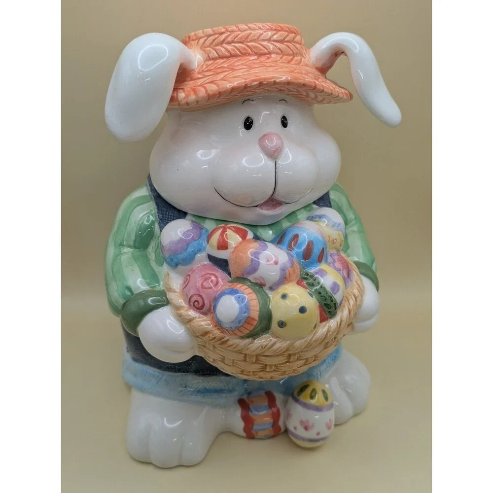 CKA Ceramic Easter Bunny Cookie Jar Vtg Rabbit Holding Basket Eggs Straw Hat *